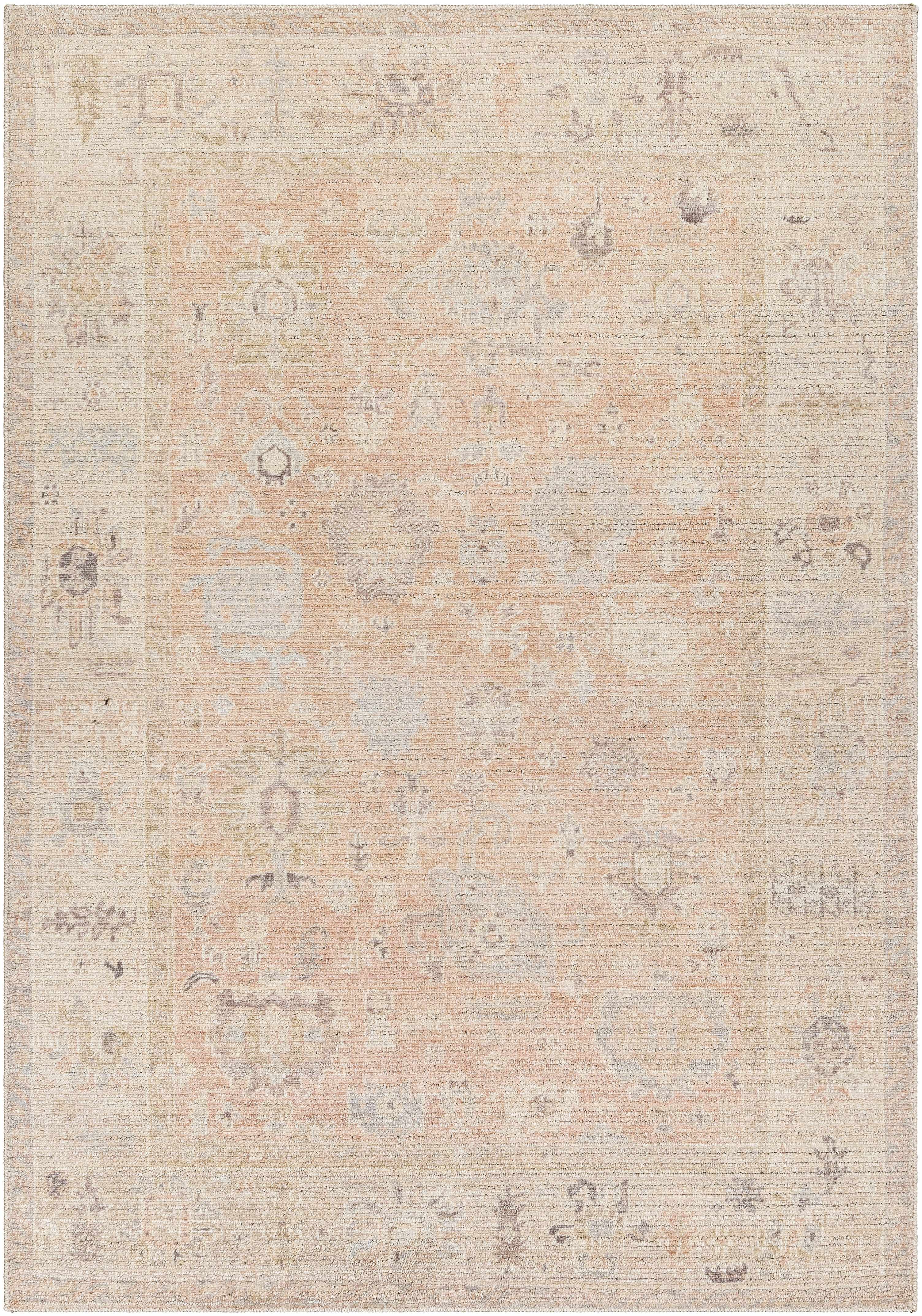 Patterned rug with beige and brown tones on a plain background
