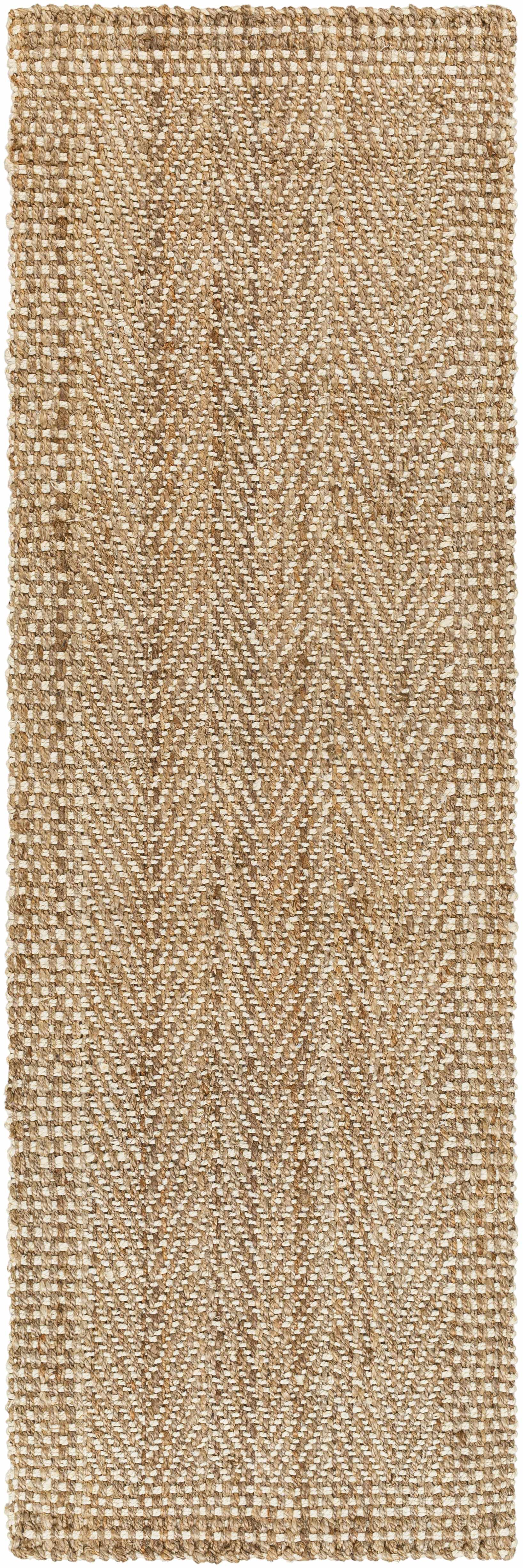 Woven beige runner rug with a subtle pattern on a plain background