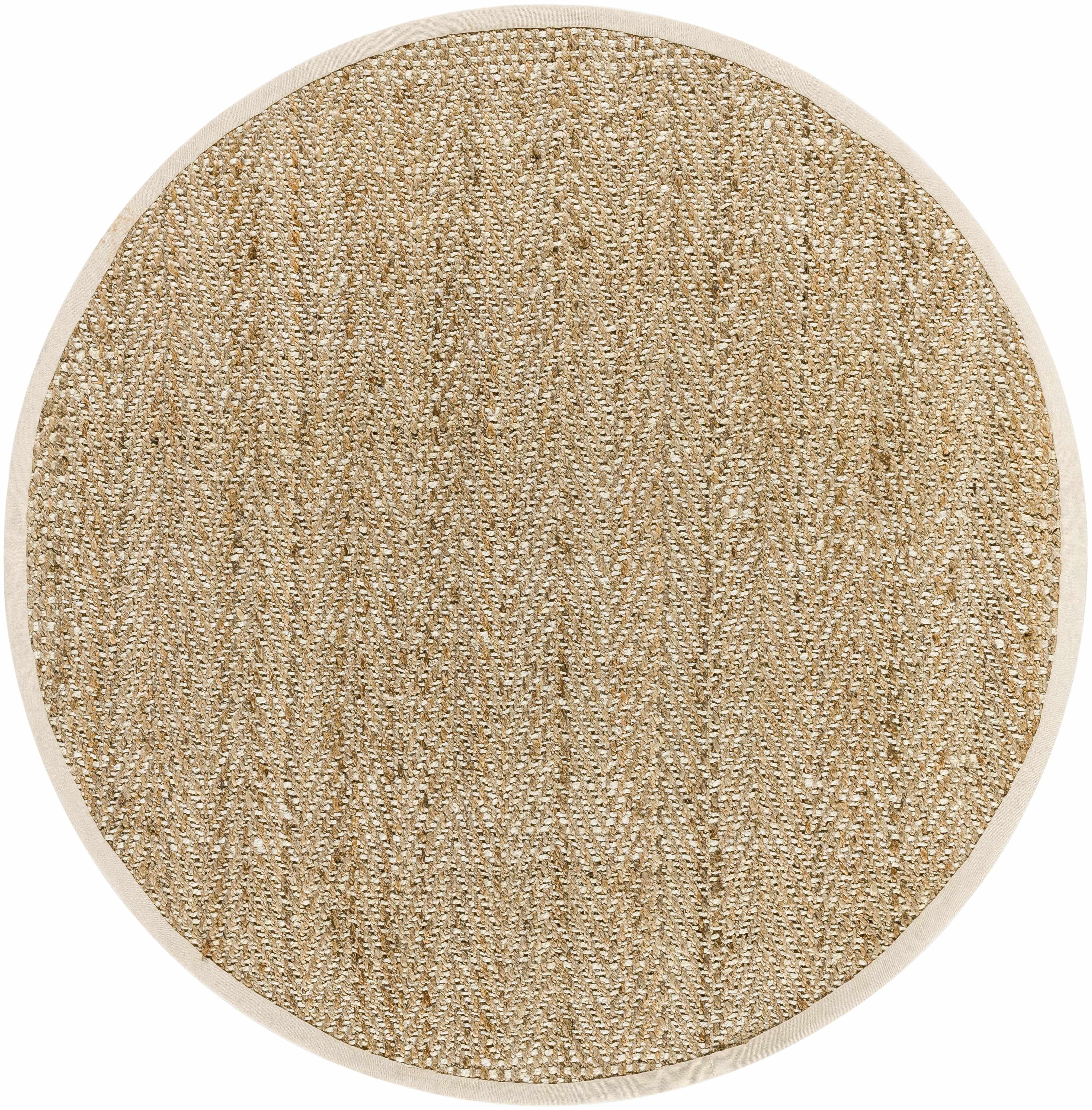 Round beige rug with a textured surface on a white background