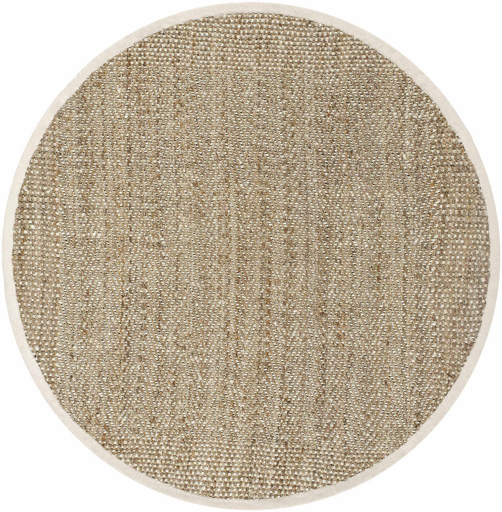 Round beige rug with a textured pattern on a white background