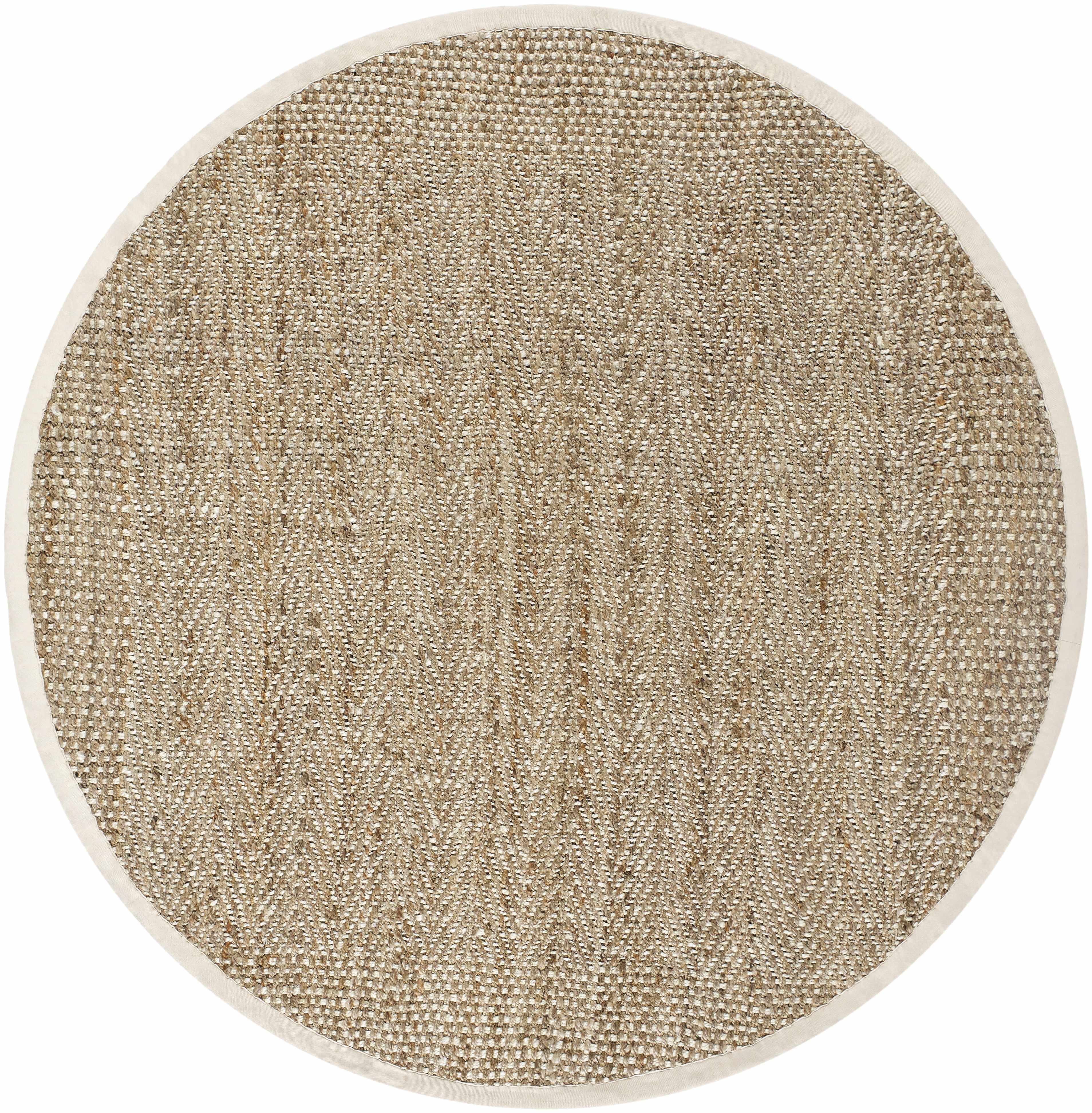 Round beige rug with a textured pattern on a white background