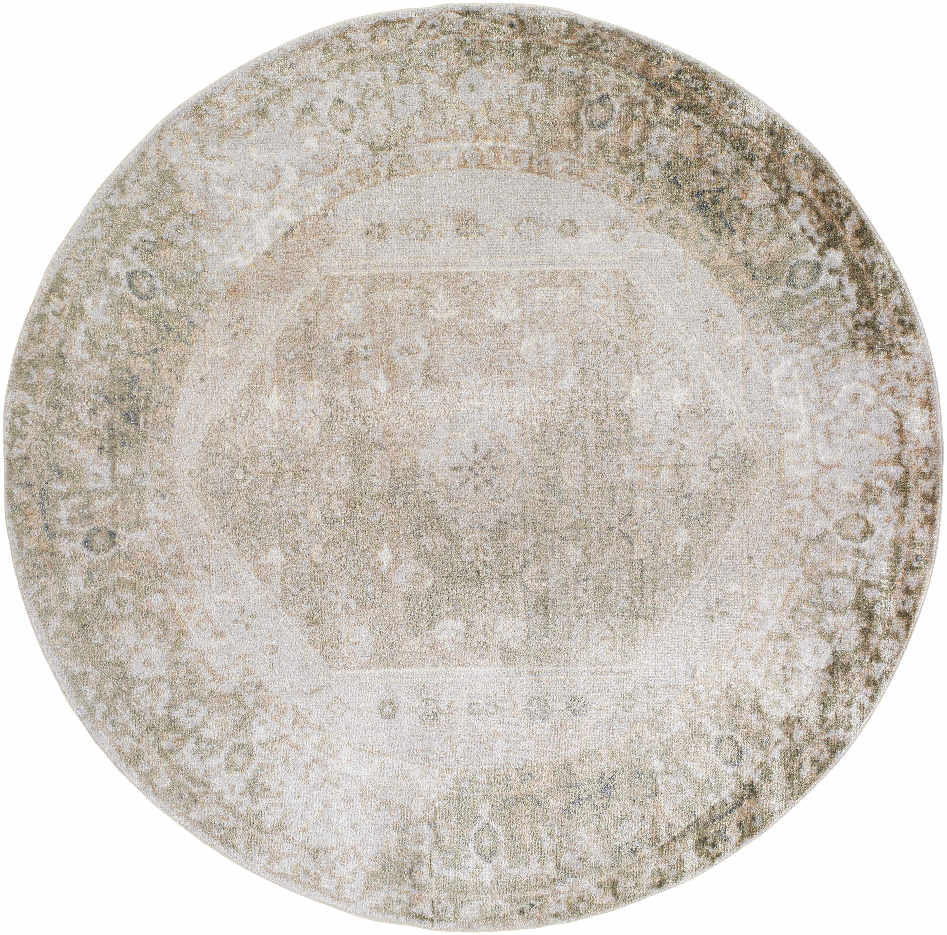 Round rug with intricate patterns on a white background