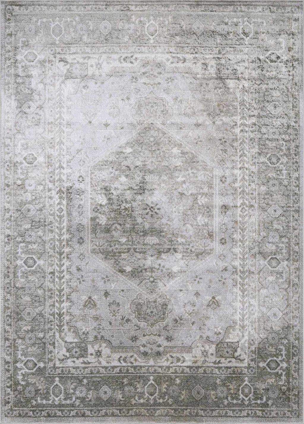 Gray and white patterned rug with intricate designs