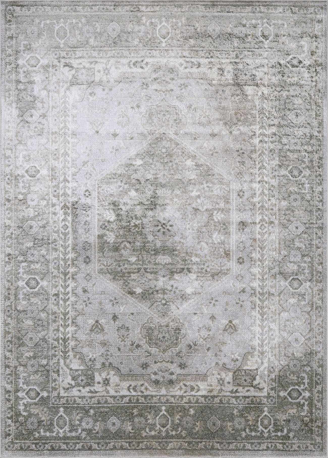 Gray and white patterned rug with intricate designs