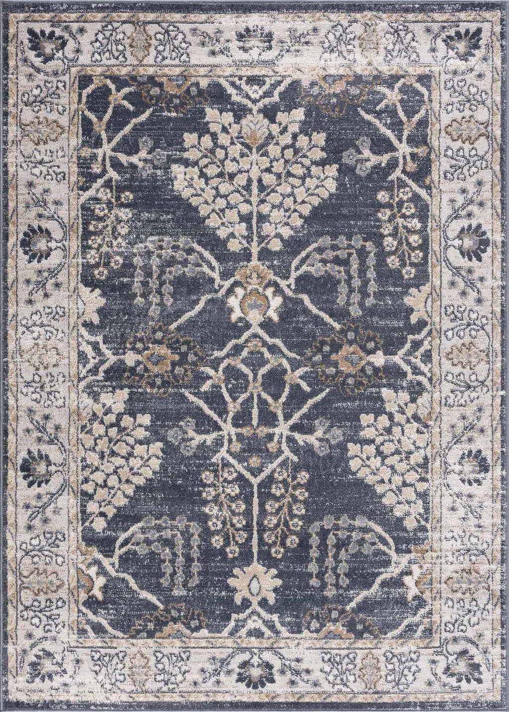 A square area rug with a distressed traditional pattern, featuring a dark slate blue center, cream floral motifs, and beige and muted gold accents.