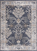 A square area rug with a distressed traditional pattern, featuring a dark slate blue center, cream floral motifs, and beige and muted gold accents.