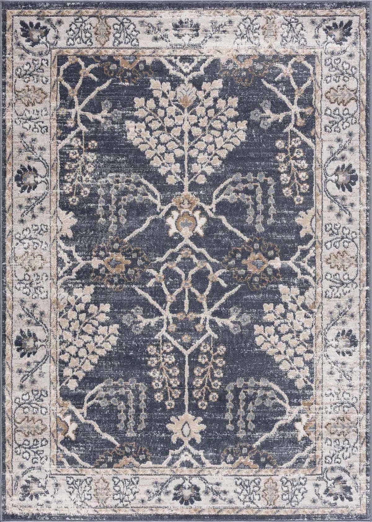 A square area rug with a distressed traditional pattern, featuring a dark slate blue center, cream floral motifs, and beige and muted gold accents.