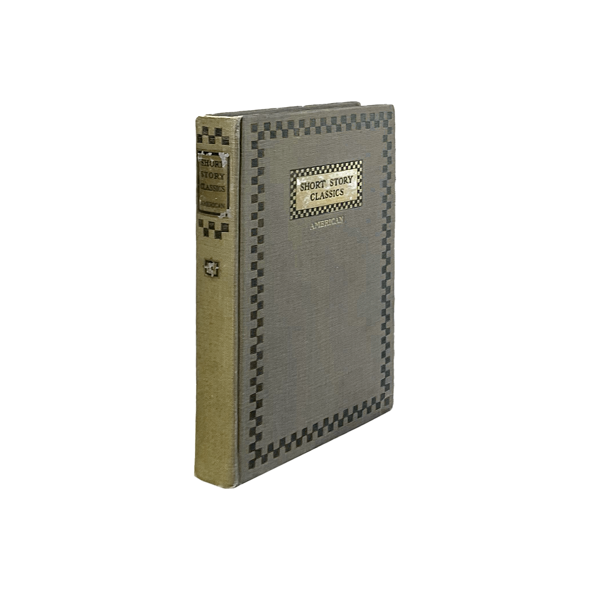 Vintage-style book with checkered design on a white background
