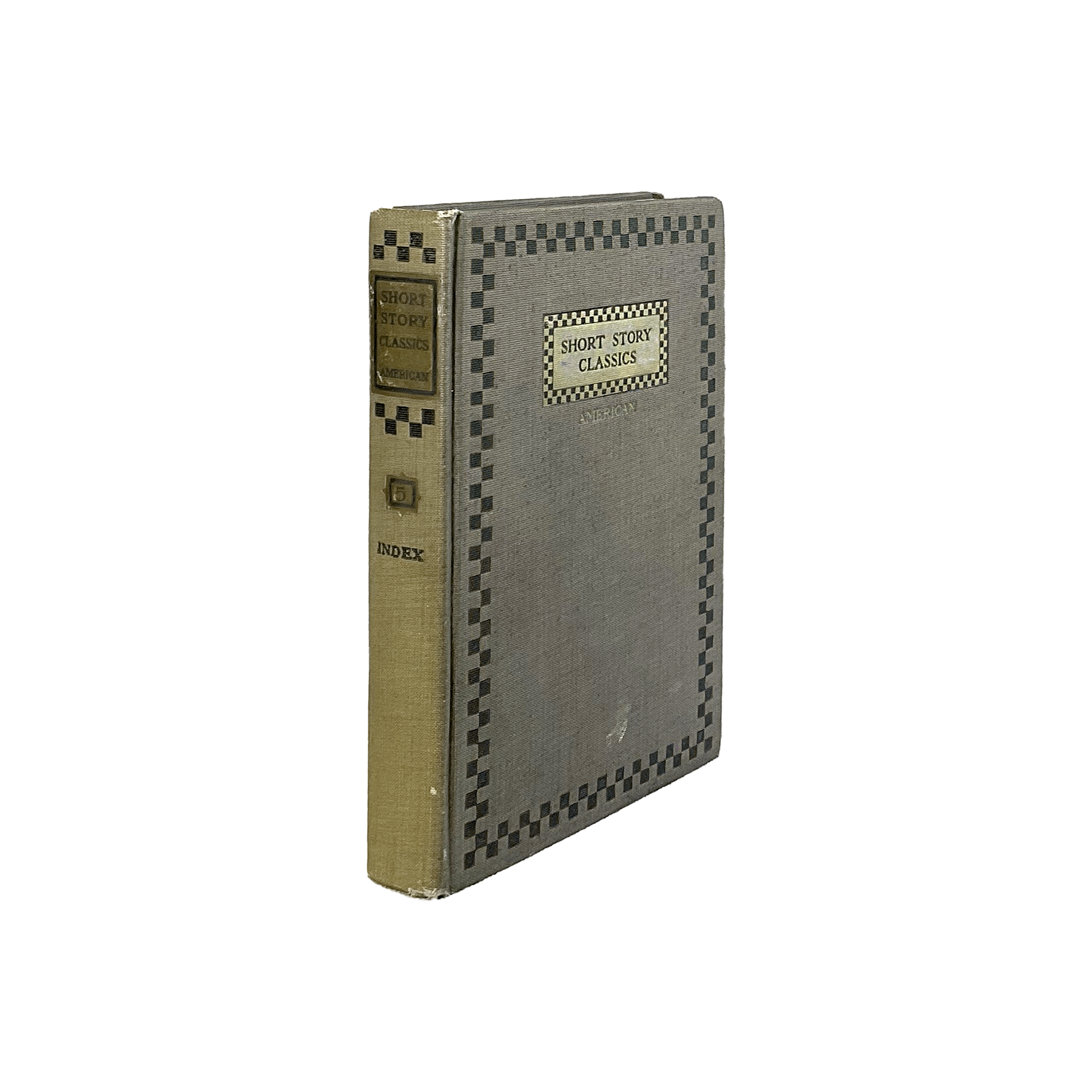 Vintage-style book with checkered design on a white background