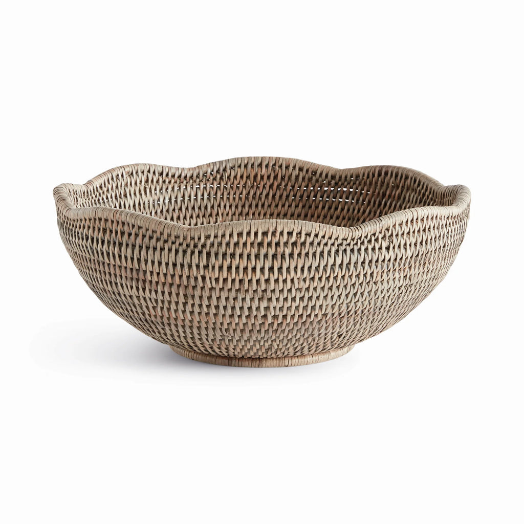 Handwoven rattan bowl basket with a scalloped edge and warm natural texture for timeless European-inspired decor styling | Sorelle Rossi Shoppe