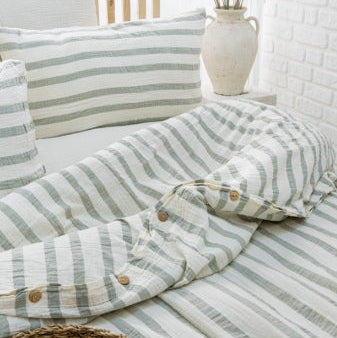 Organic Muslin Duvet Cover Set – Sage Green Stripe, GOTS Certified Cotton Bedding