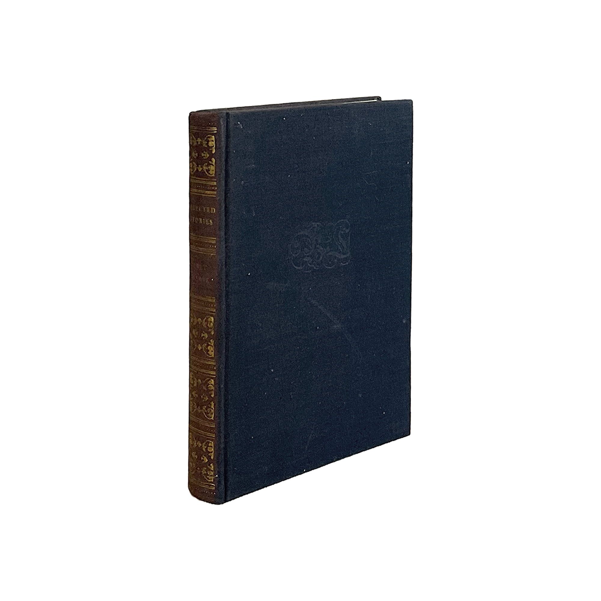 Blue leather-bound book with gold embossed design on a white background