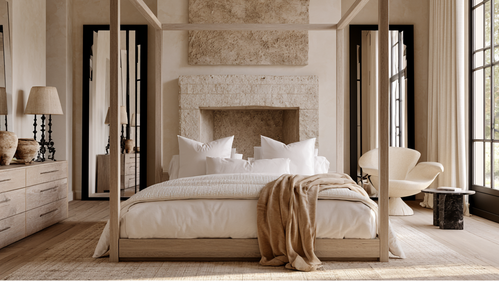 A minimalist light wood four-poster bed with white bedding and a tan throw blanket, styled in a bright, modern rustic bedroom with a stone fireplace and large windows.