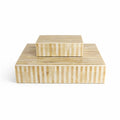 Handcrafted decorative box set featuring a natural striped bone inlay pattern with coordinating large and small storage boxes. Timeless accent pieces for coffee tables, consoles, shelves, and bedside styling
