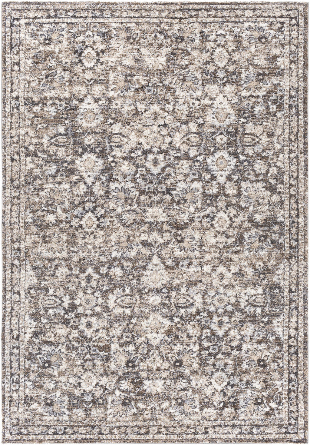 Decorative rug with floral pattern in gray and beige tones