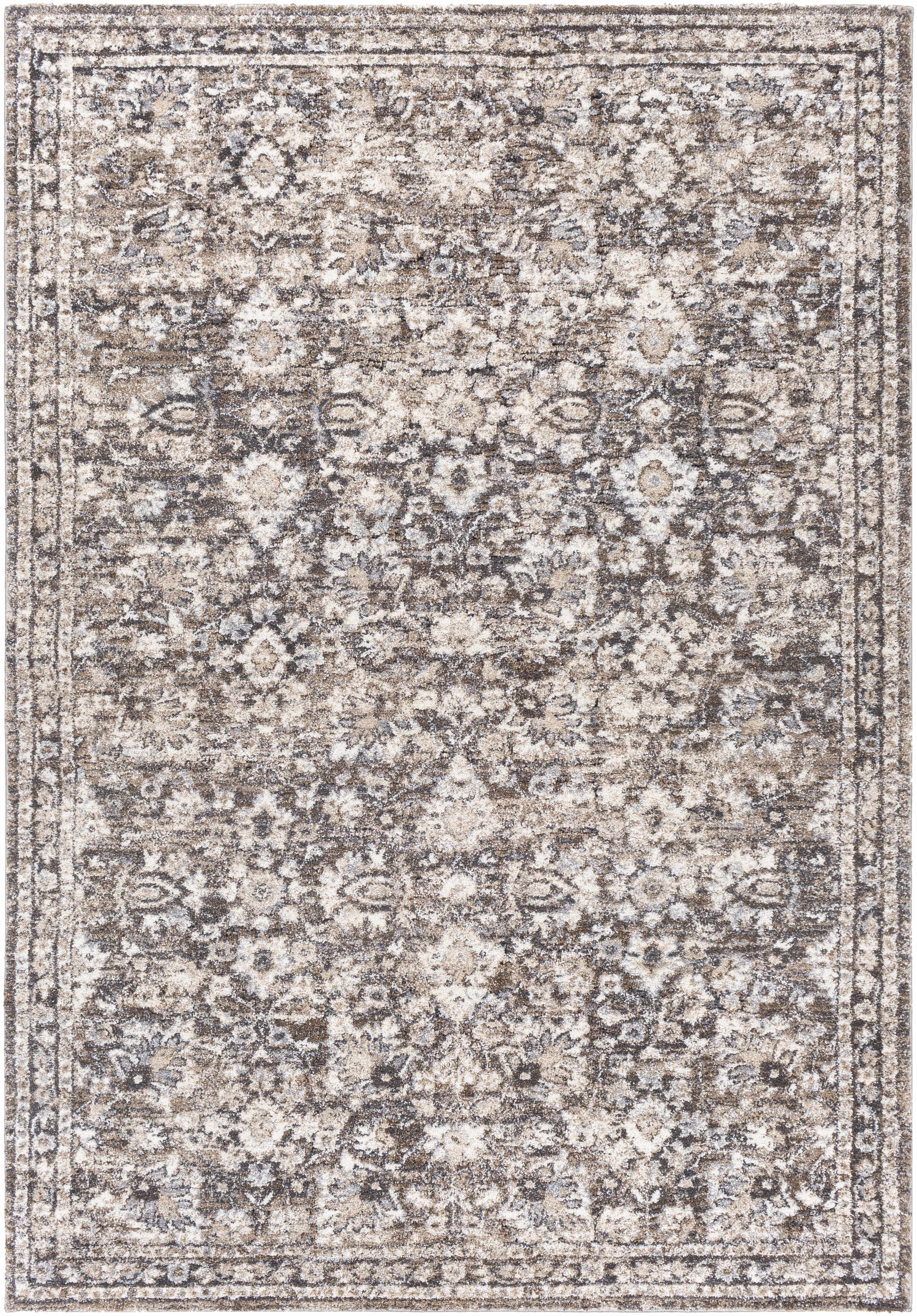 Decorative rug with floral pattern in gray and beige tones