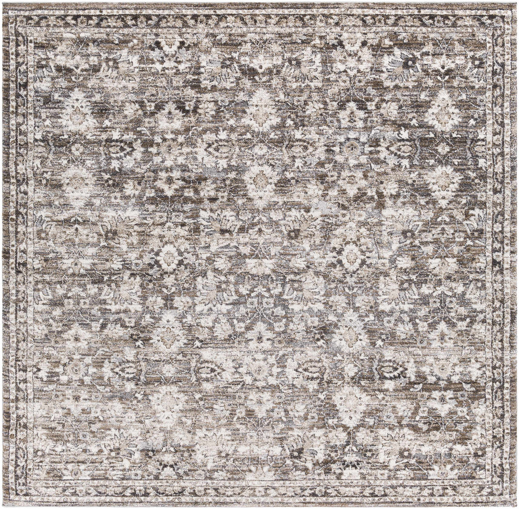 Patterned rug with a mix of gray, beige, and white colors on a plain background