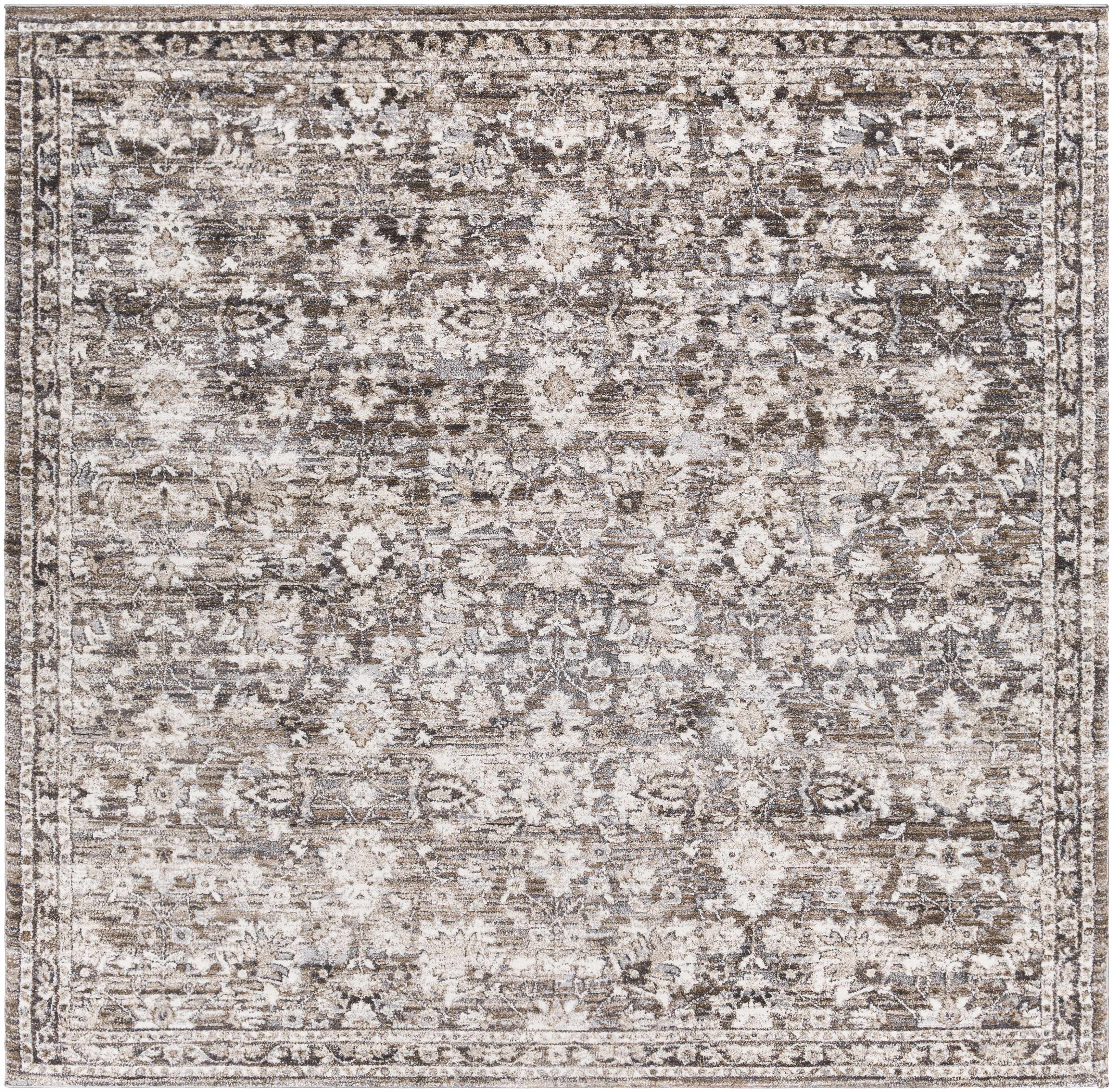 Patterned rug with a mix of gray, beige, and white colors on a plain background