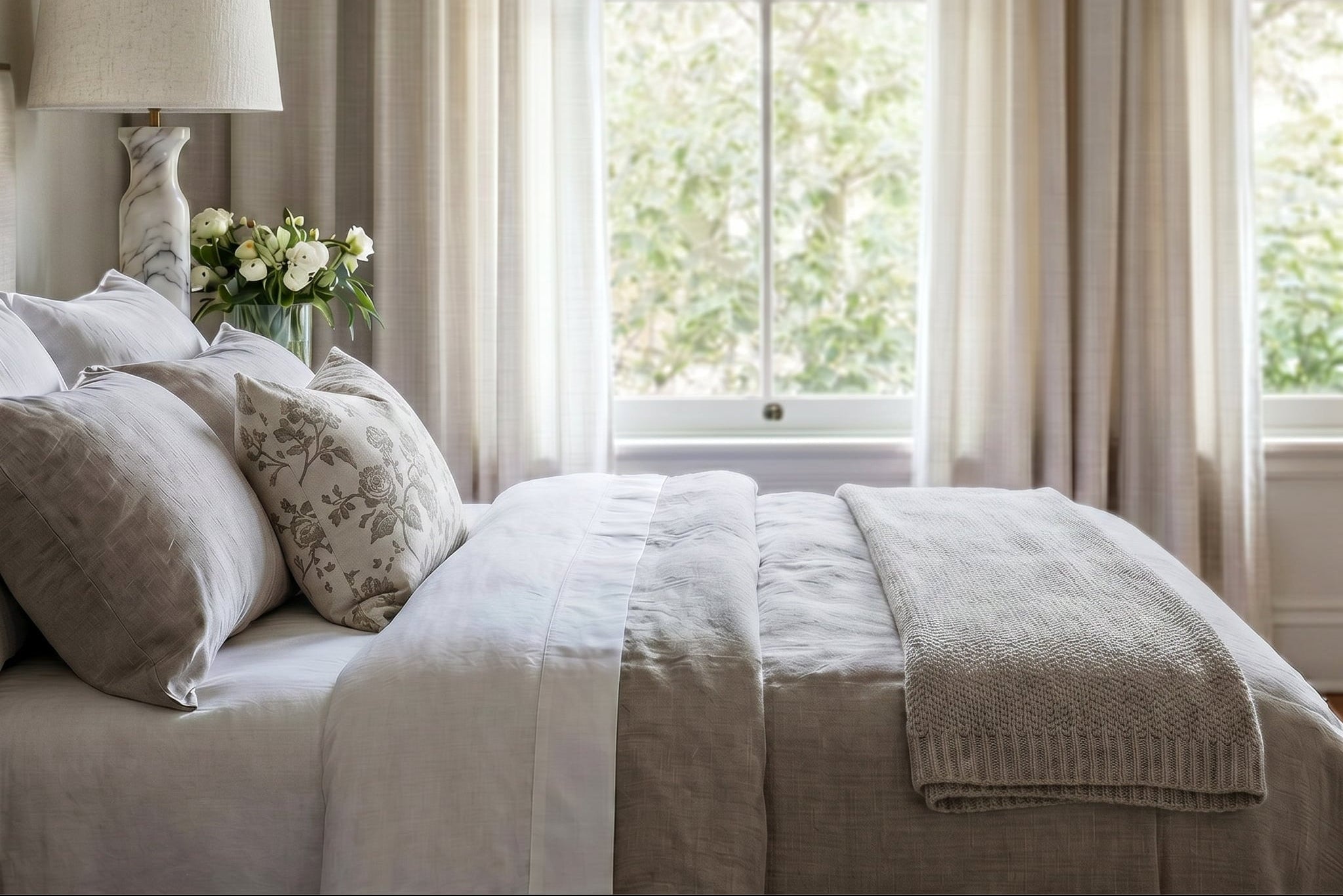 Neatly made bed with pillows and a blanket in a bedroom with large windows and curtains.