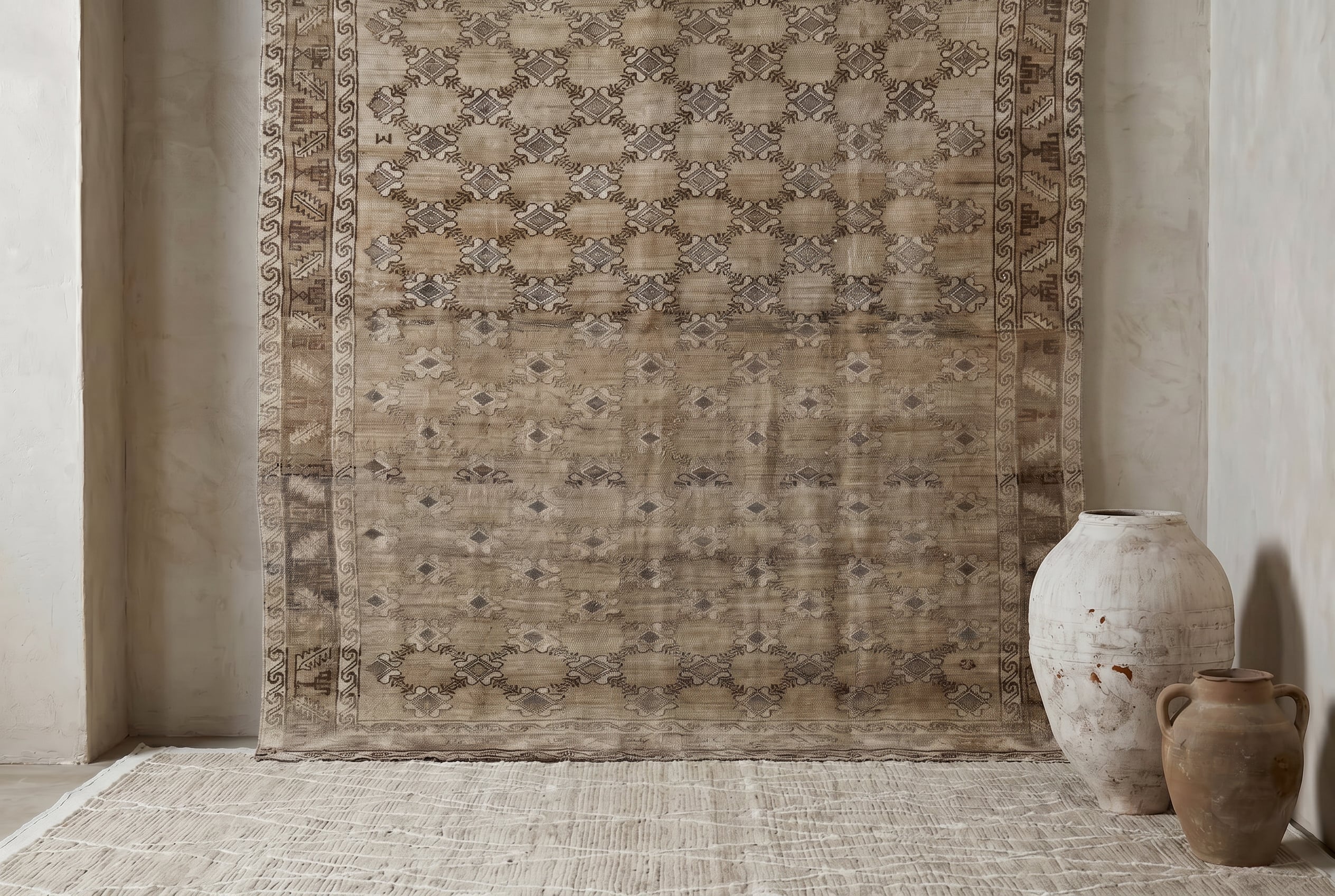 Patterned rug on a floor with a vase and pot against a neutral wall.