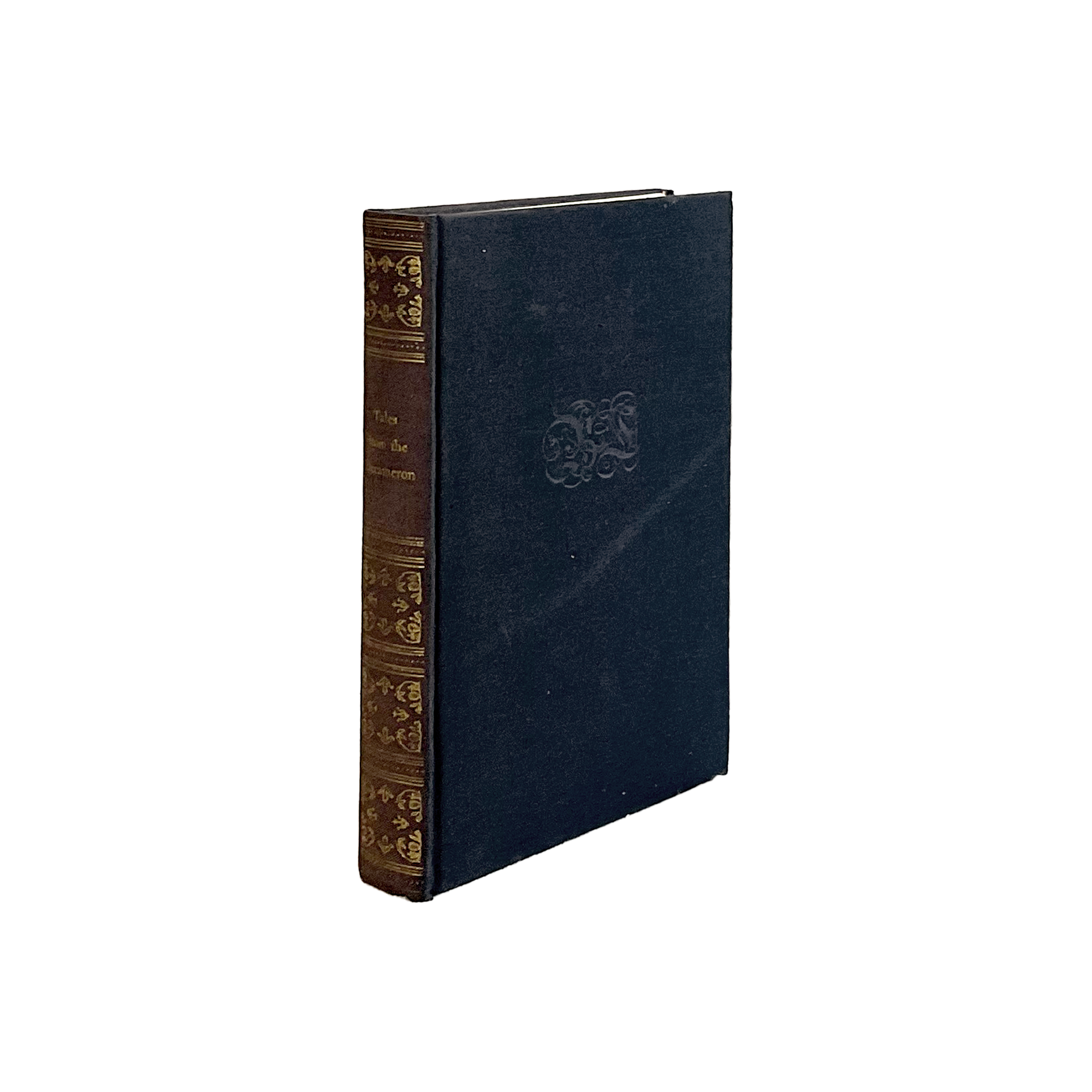 Vintage blue leather-bound book with decorative spine on a white background