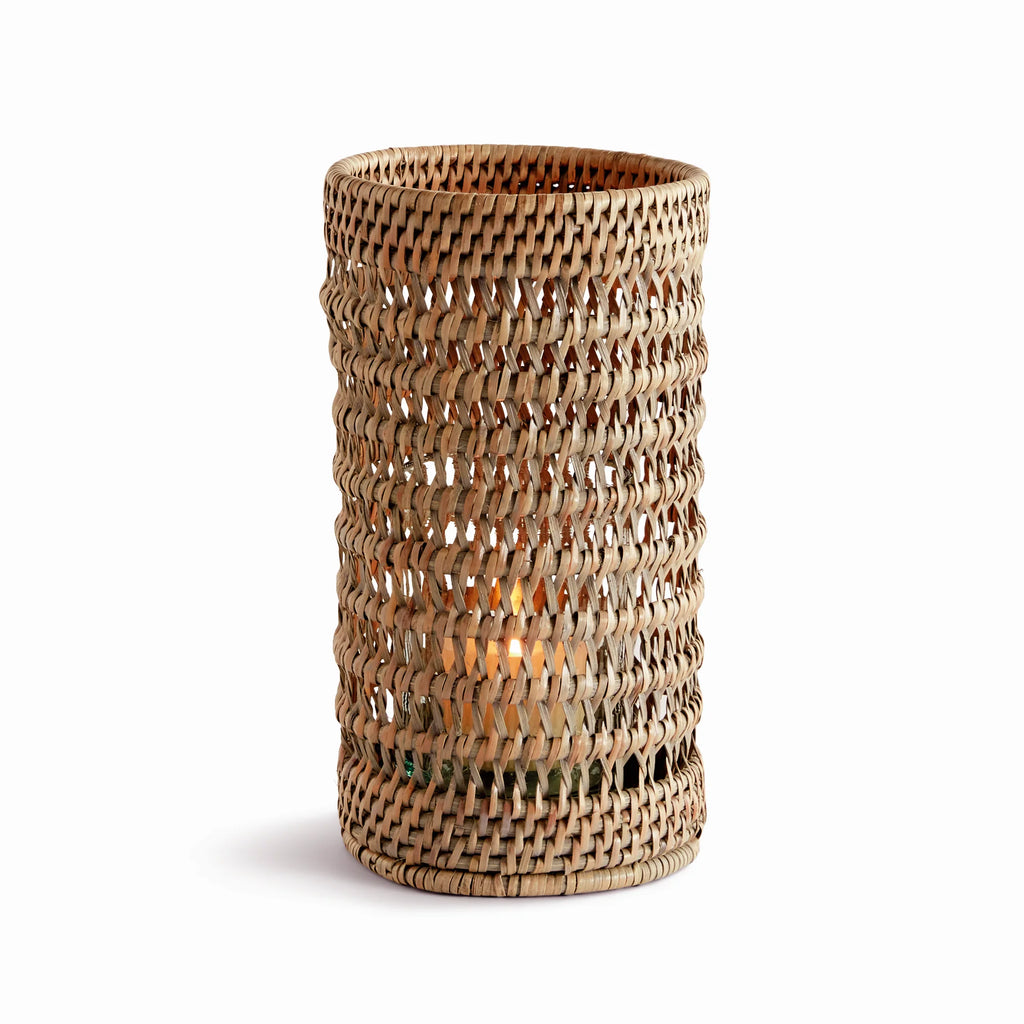 Handwoven rattan candle hurricane with warm natural texture and soft ambient lighting for timeless European-inspired decor | Sorelle Rossi Shoppe
