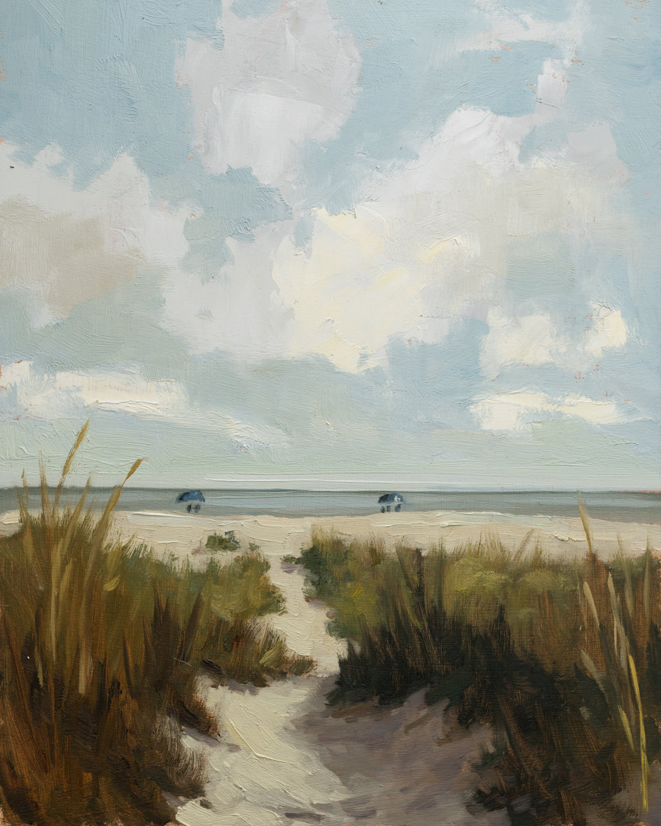 Painting of a beach scene with a path leading to the ocean under a cloudy sky.
