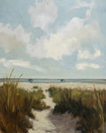 Painting of a beach scene with a path leading to the ocean under a cloudy sky.