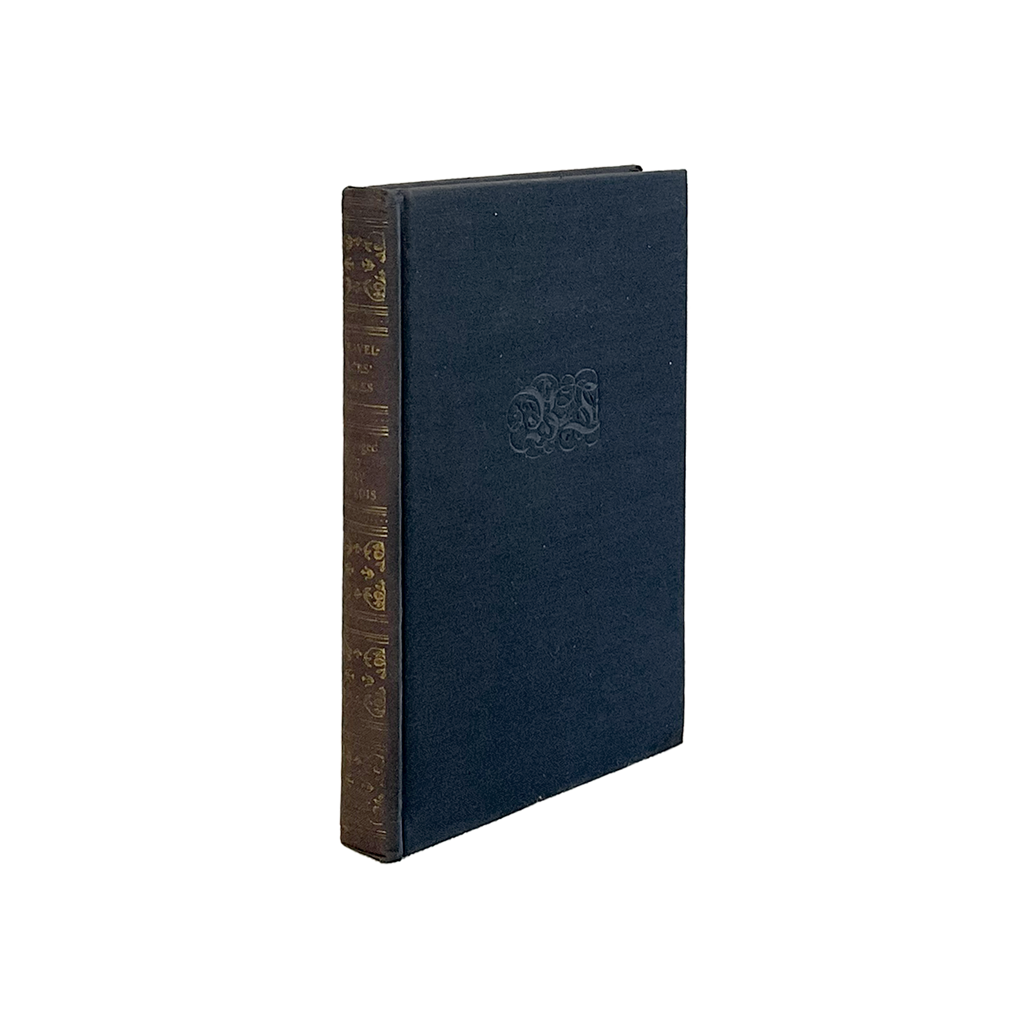 Blue leather-bound book with a decorative spine on a white background
