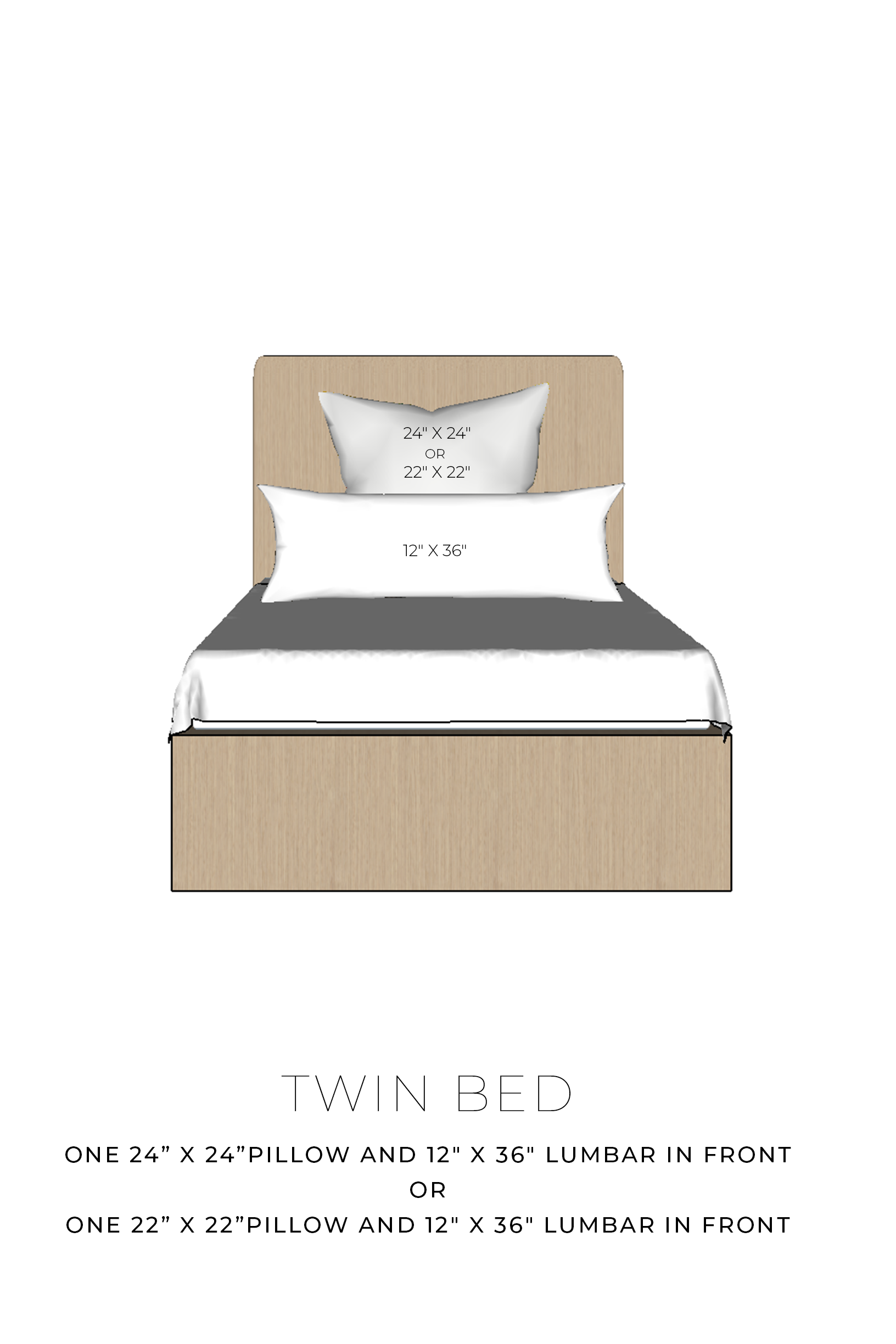 Twin bed with bedding and measurements on a white background