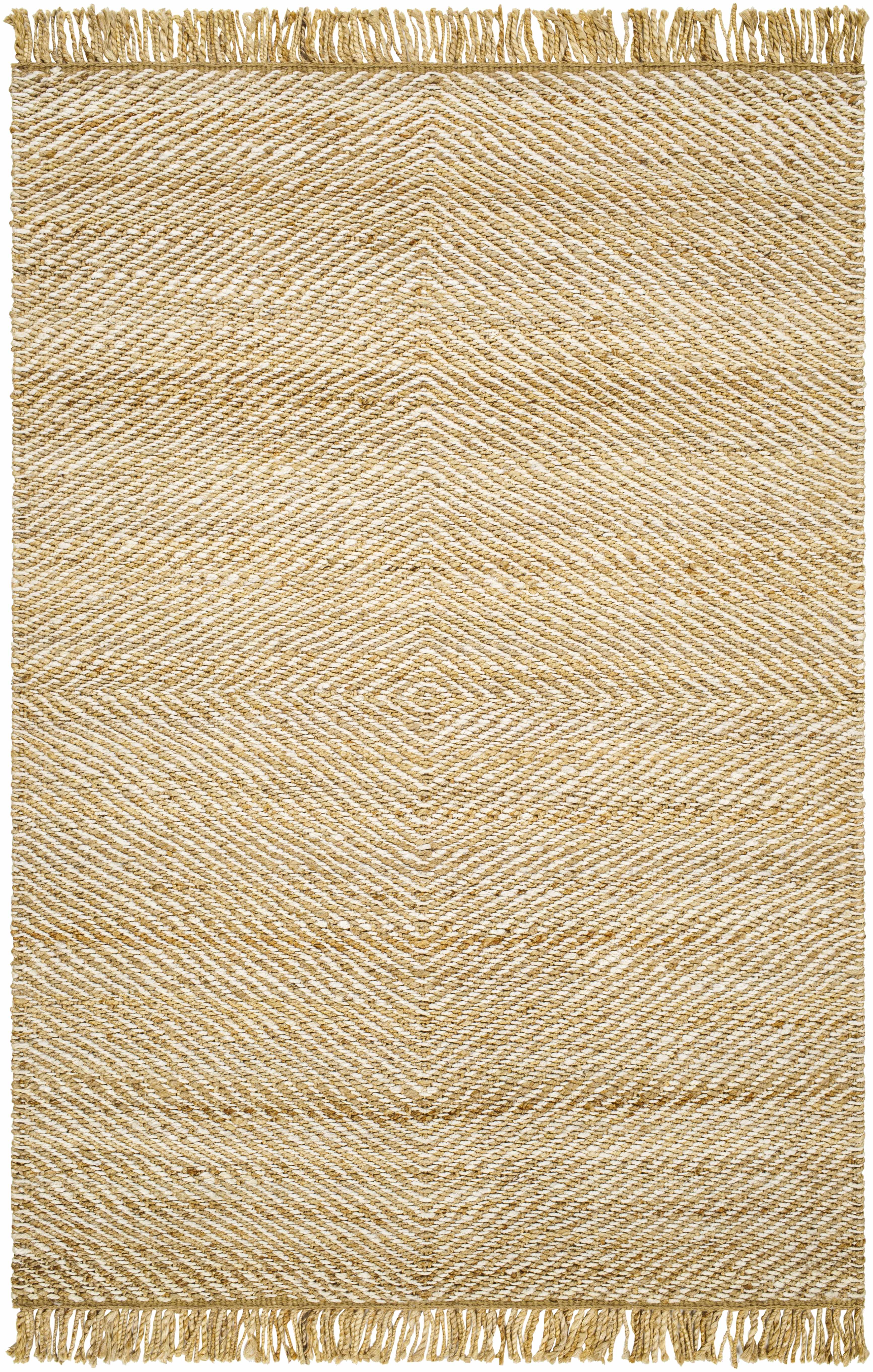 Beige woven rug with diamond pattern and fringe details