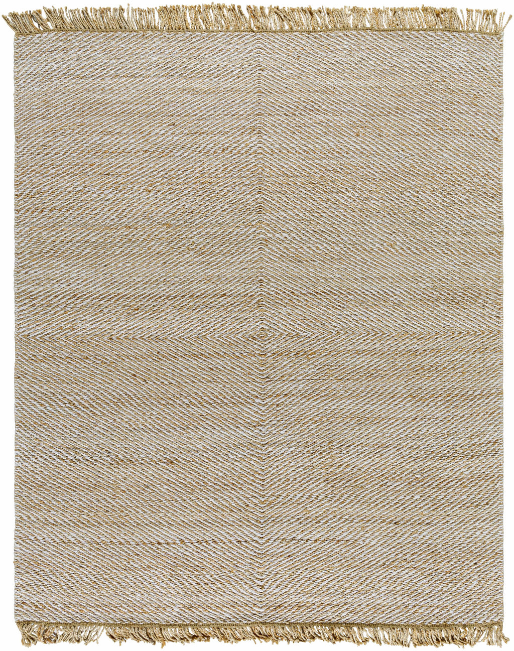 Beige woven rug with fringes on a plain background