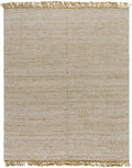 Beige woven rug with fringes on a plain background