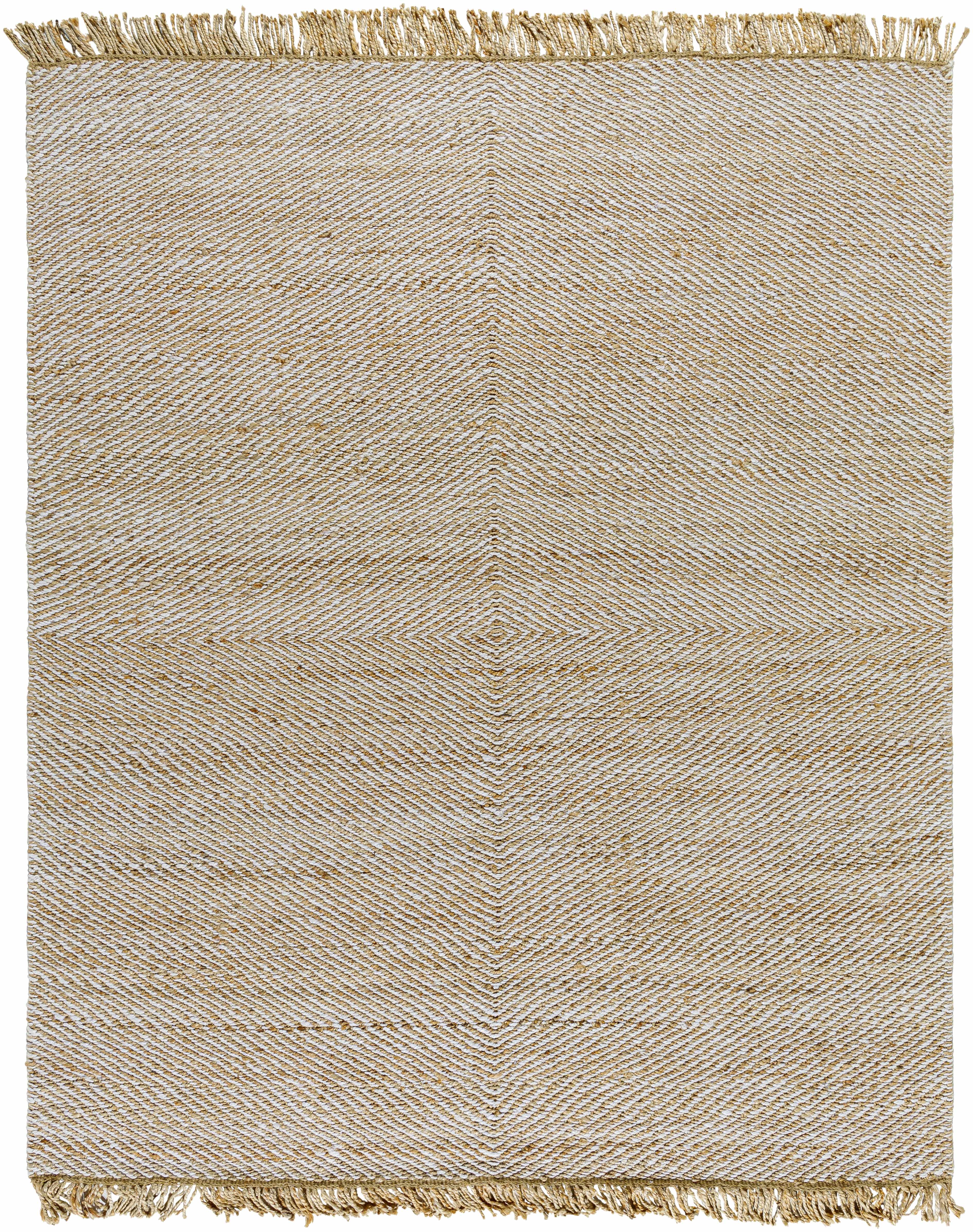 Beige woven rug with fringes on a plain background