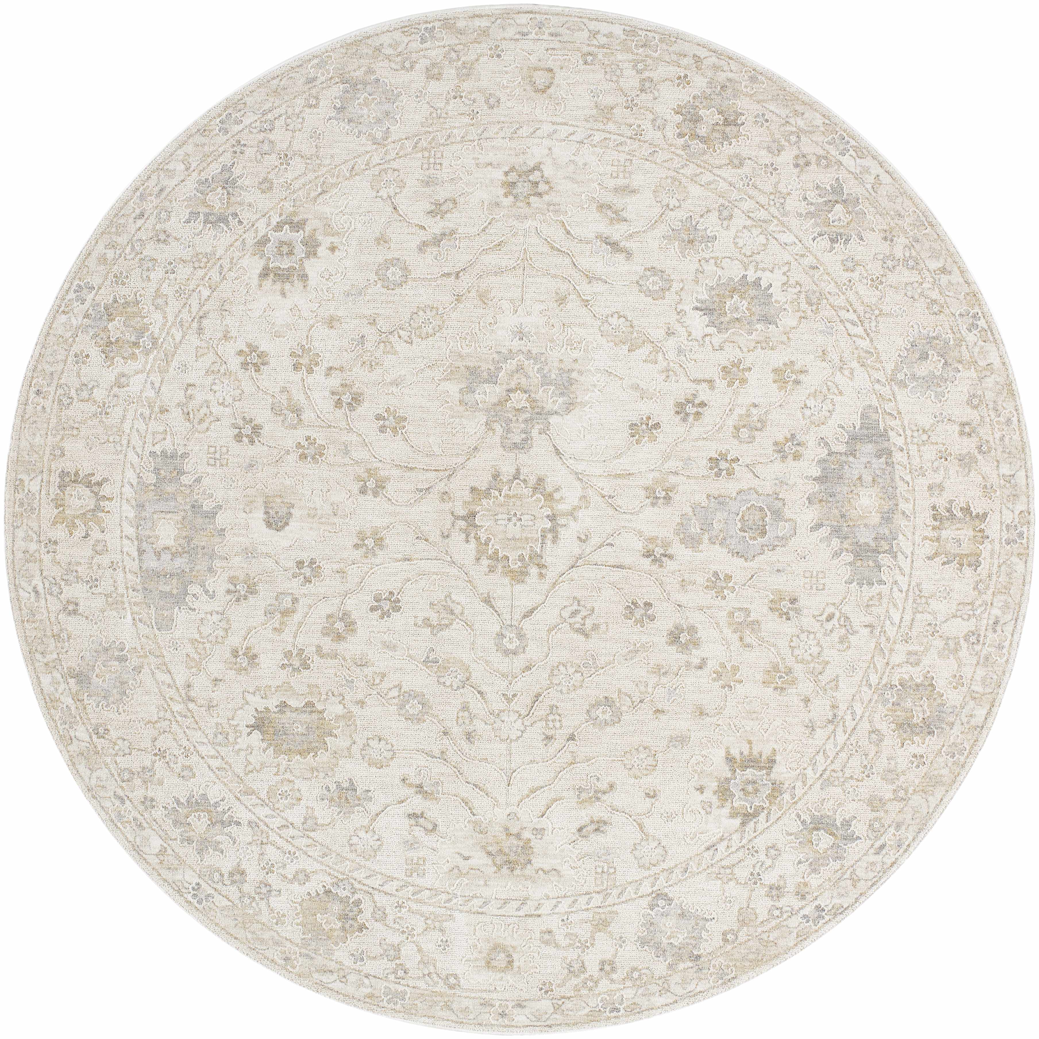Round beige rug with floral pattern on a white background
