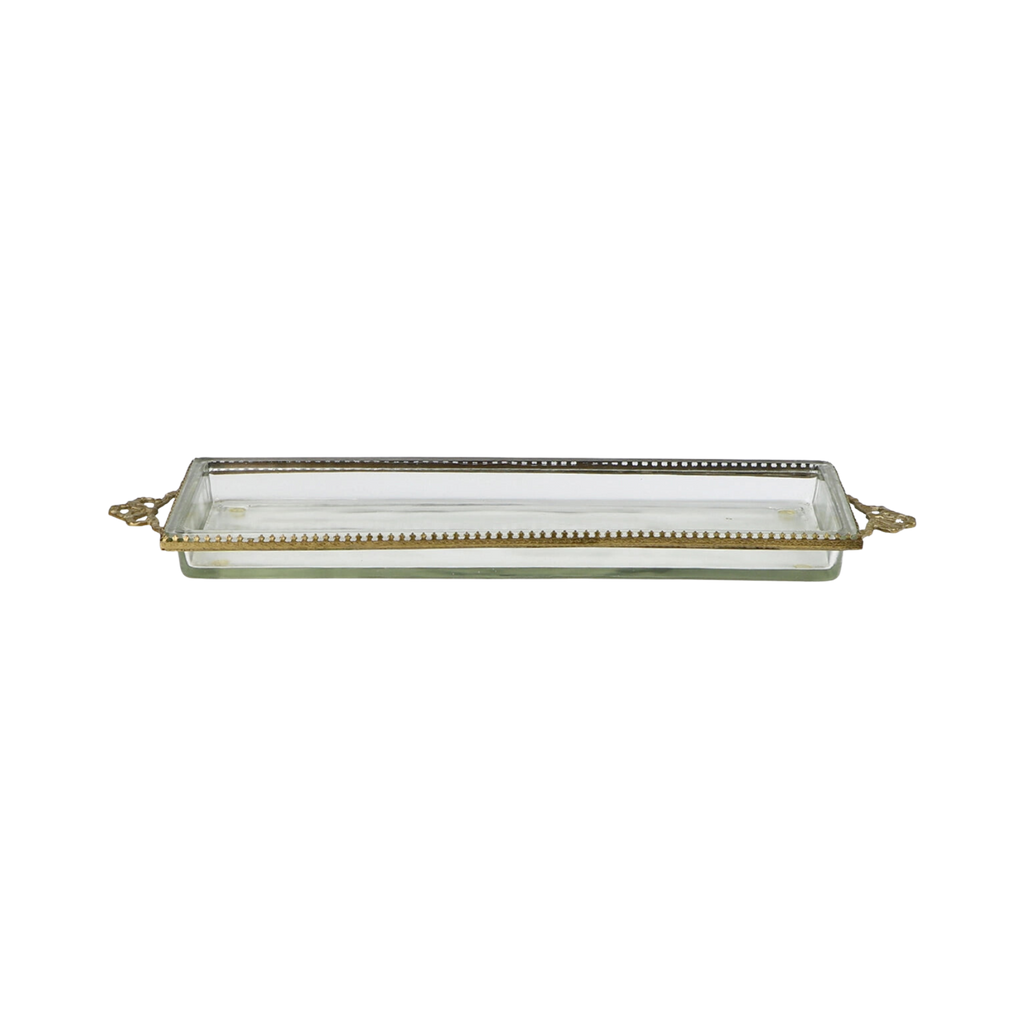 Glass tray with gold decorative elements on a white background
