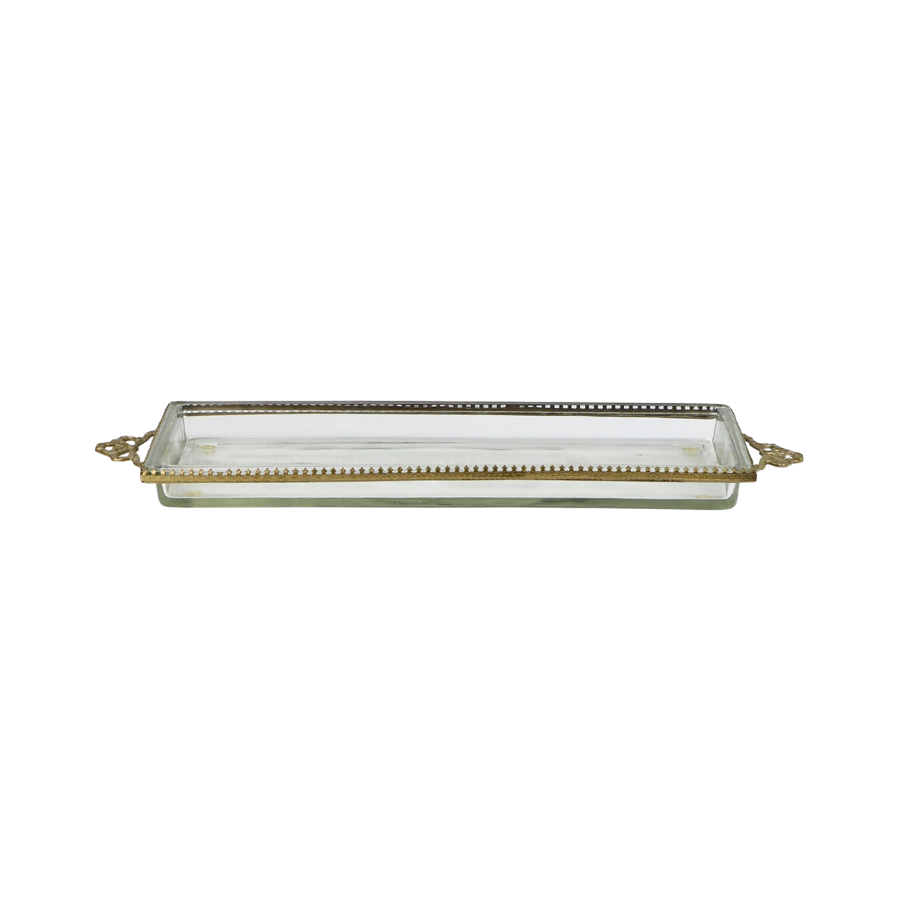 Glass tray with gold decorative elements on a white background