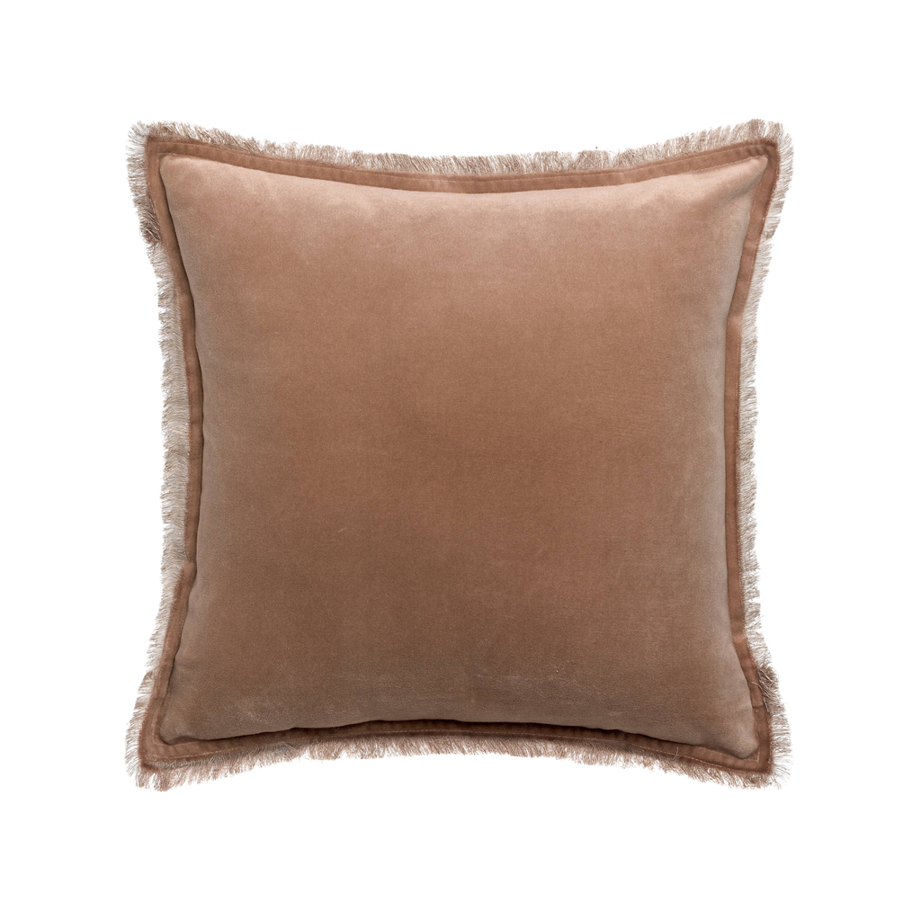 Brown cushion with frayed edges on a white background