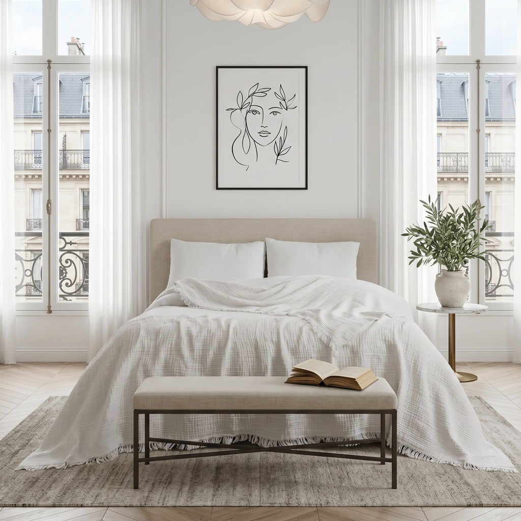 Neutral textured cotton quilt layered with striped pillows in a timeless quiet luxury bedroom | Sorelle Rossi Shoppe