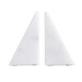 Set of sculptural white marble bookends featuring a modern triangular silhouette and natural stone veining. Elegant decorative accents for styling bookshelves, consoles, and office spaces