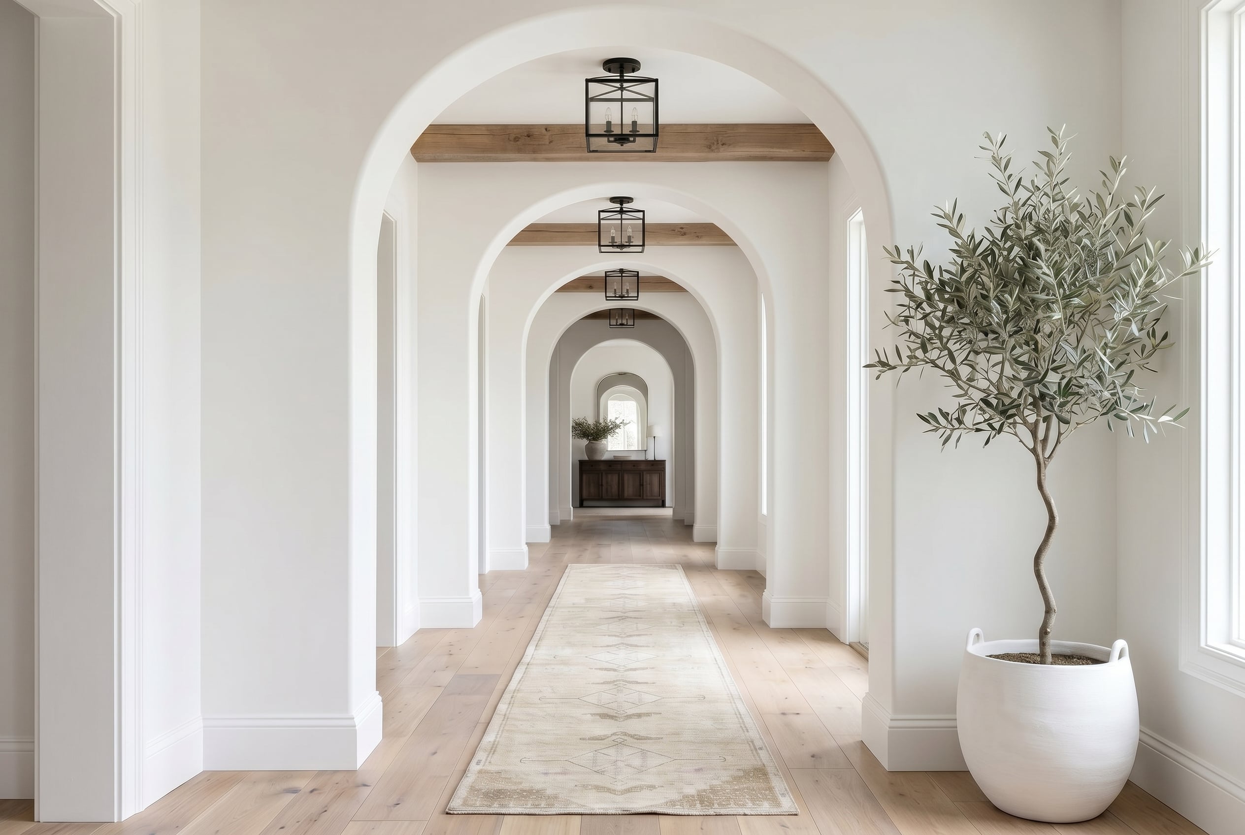 Long hallway with arches and a potted plant on a wooden floor.