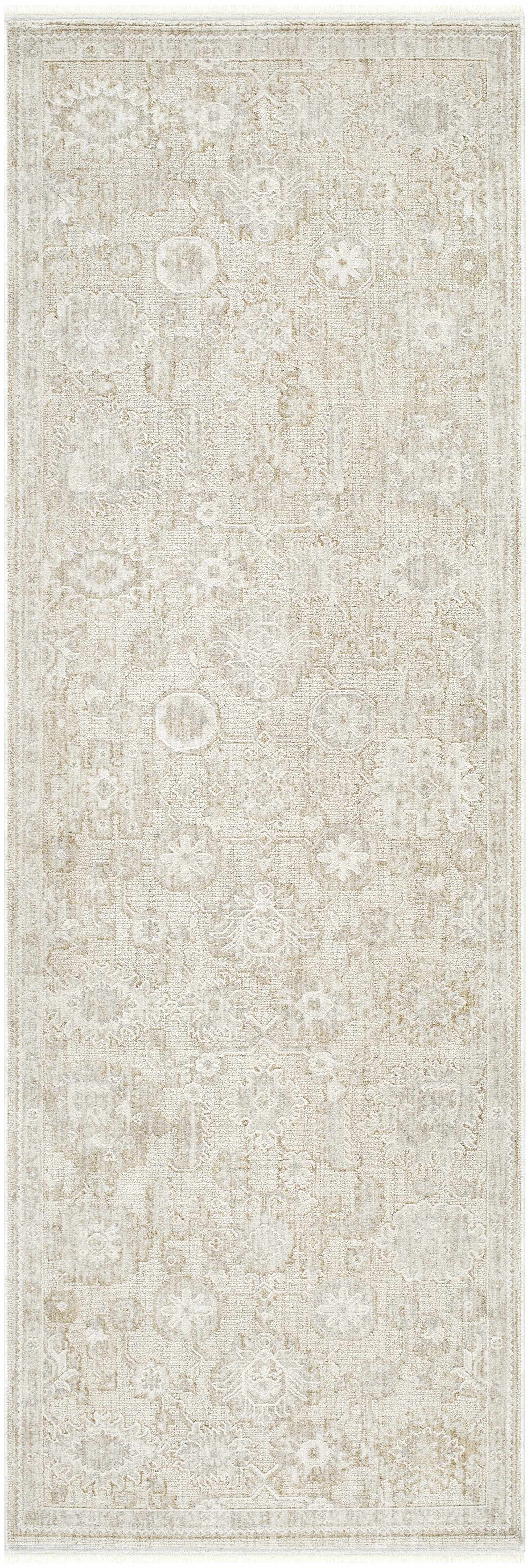Patterned rug with a neutral color scheme on a plain background