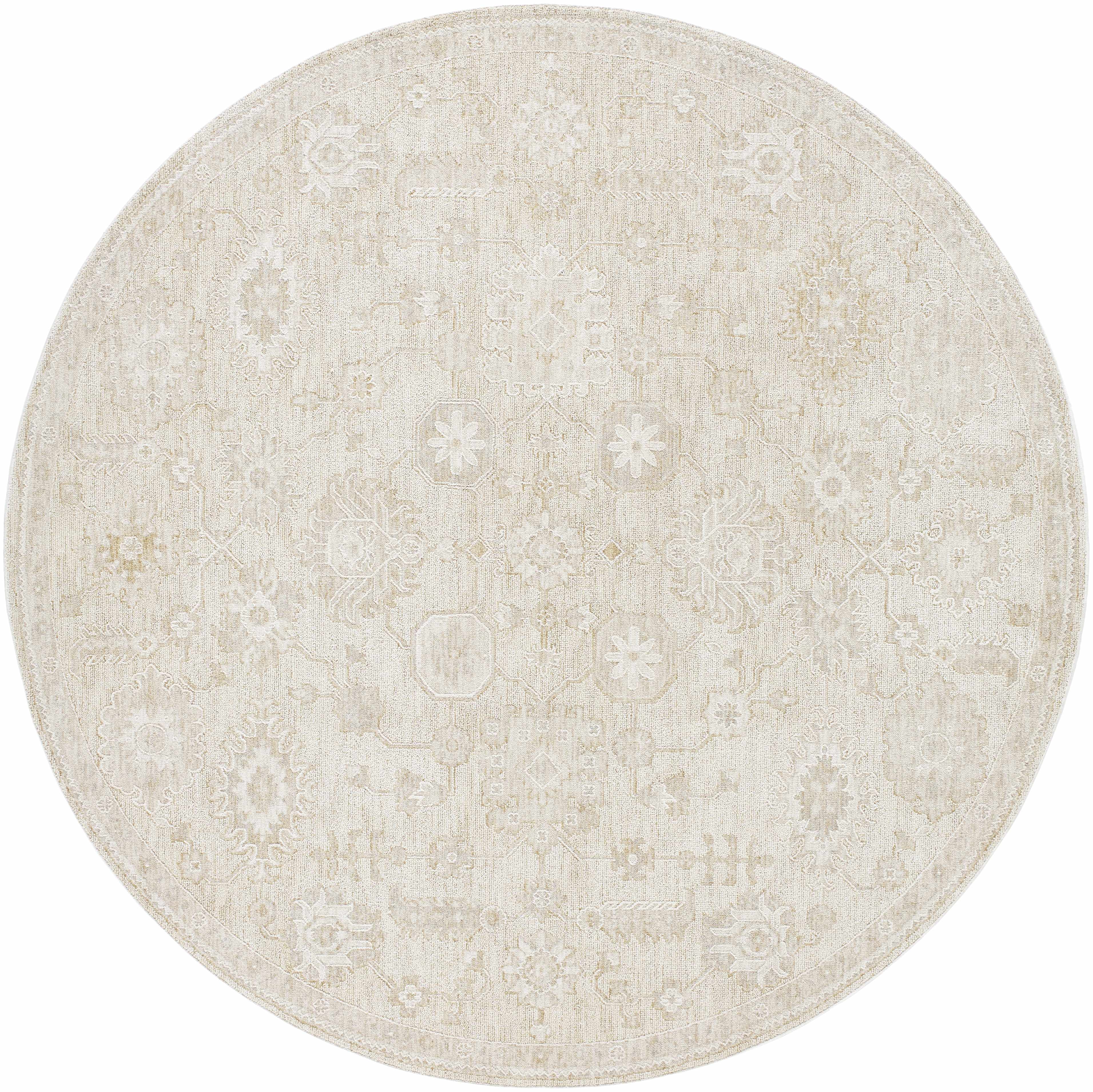 Round beige rug with subtle pattern on a white background