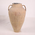 Beige ceramic jar with handles on a white background
