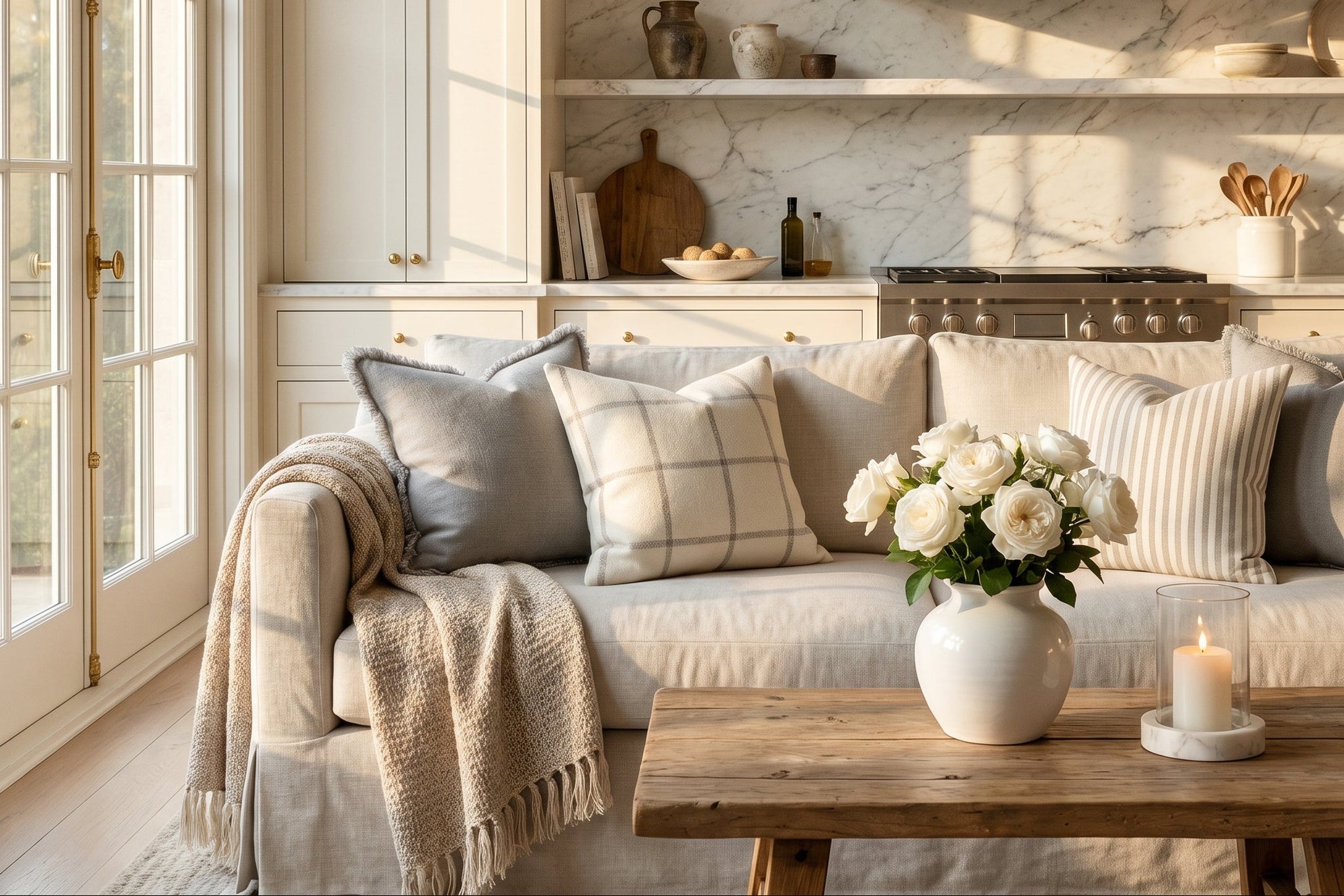Cozy living room with a couch, coffee table, and decorative elements.