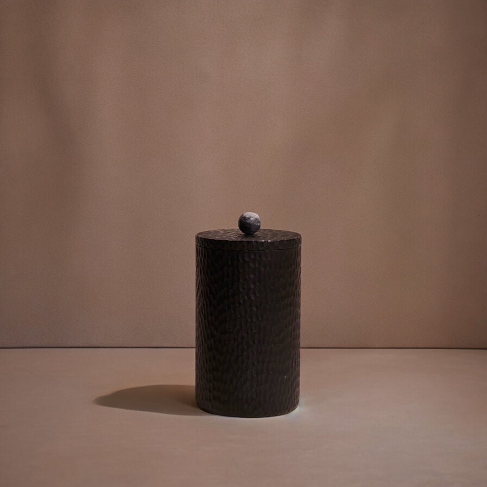 Black Carved Acacia Wood Canister with Marble Lid – Handcrafted Large Storage Container | Sorelle Rossi