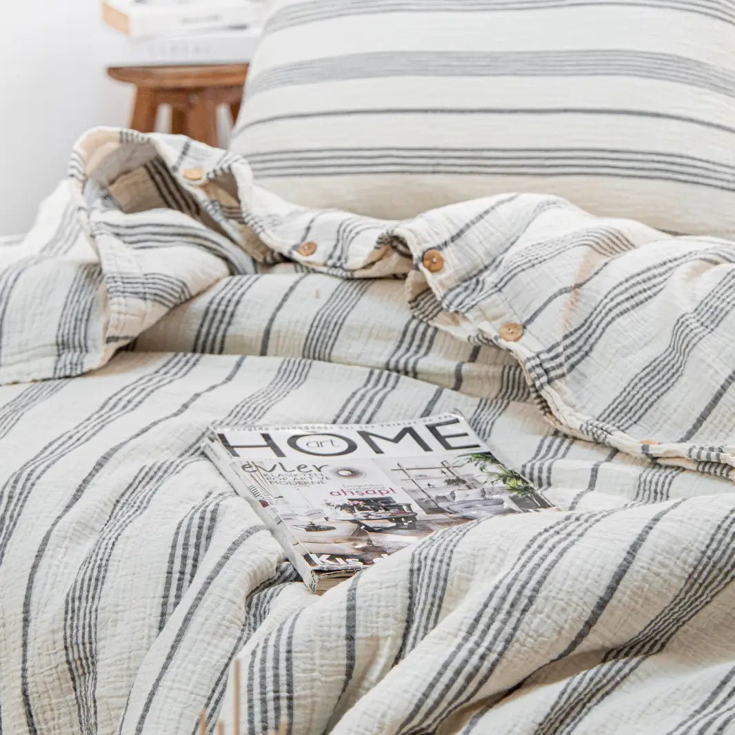 Organic Muslin Duvet Cover Set – Grey Stripe, GOTS Certified Cotton Bedding with Fitted Sheet & Pillowcases