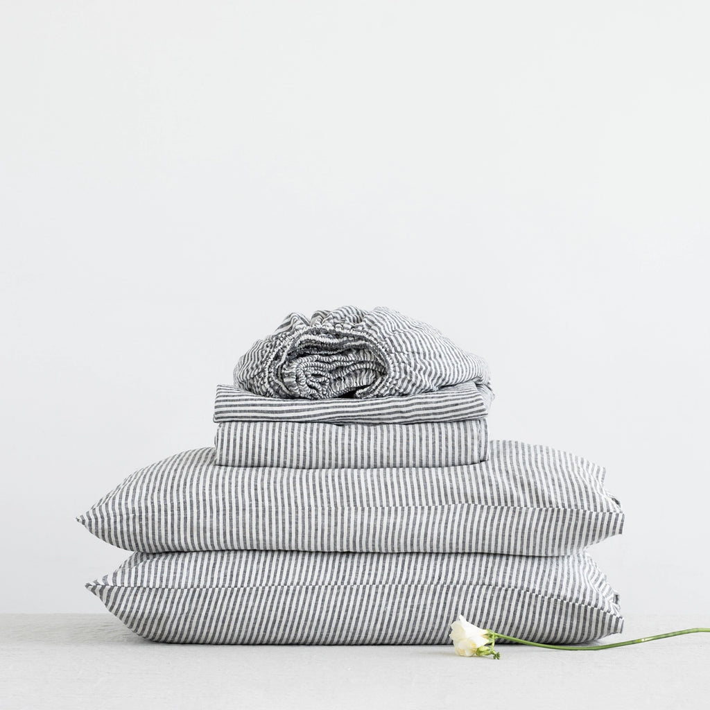Black Pinstriped Linen Sheet Set