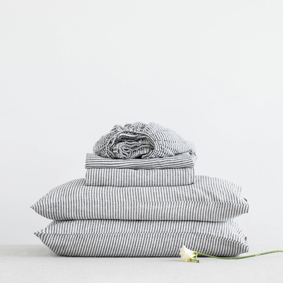 Black Pinstriped Linen Sheet Set