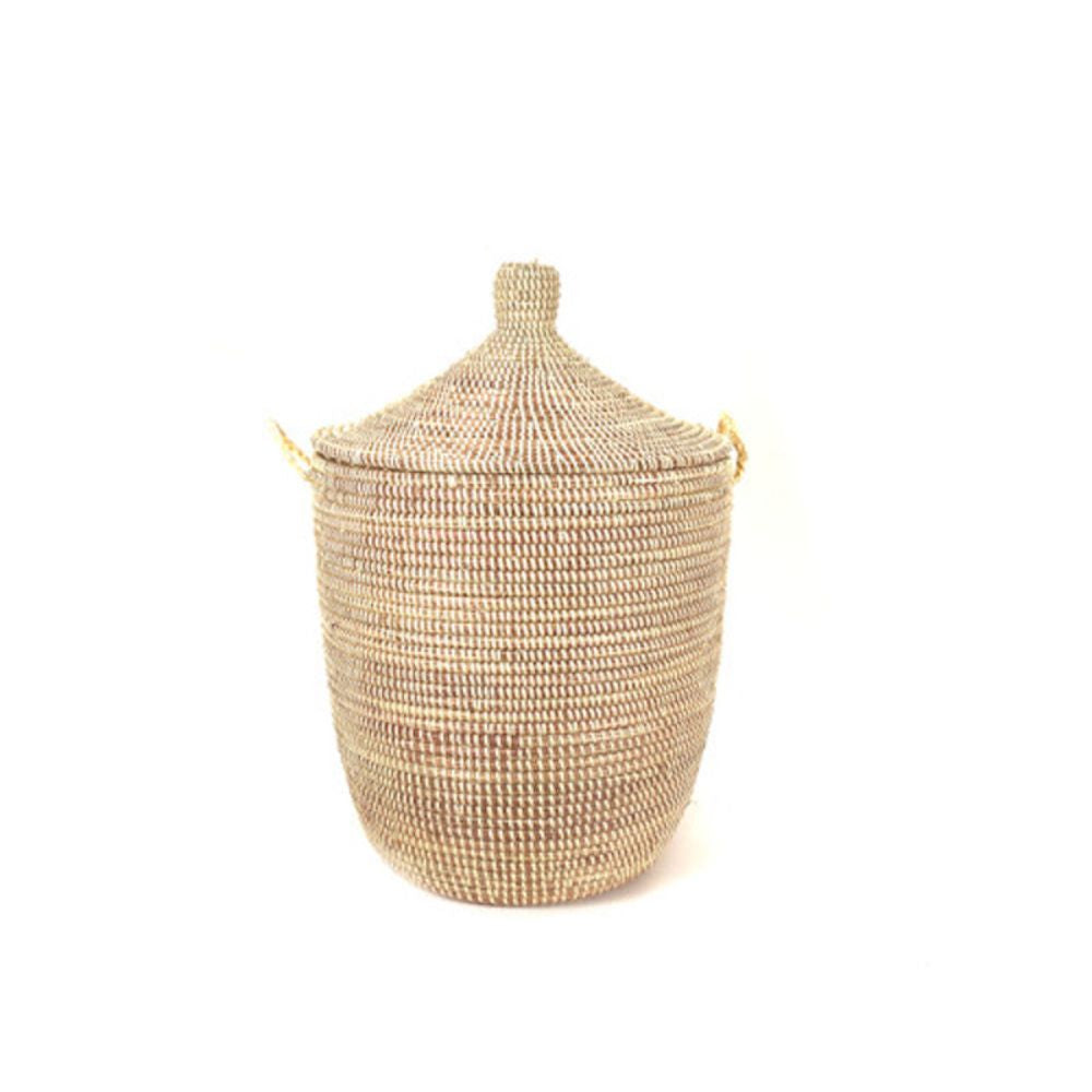 Woven basket with a lid on a white background
